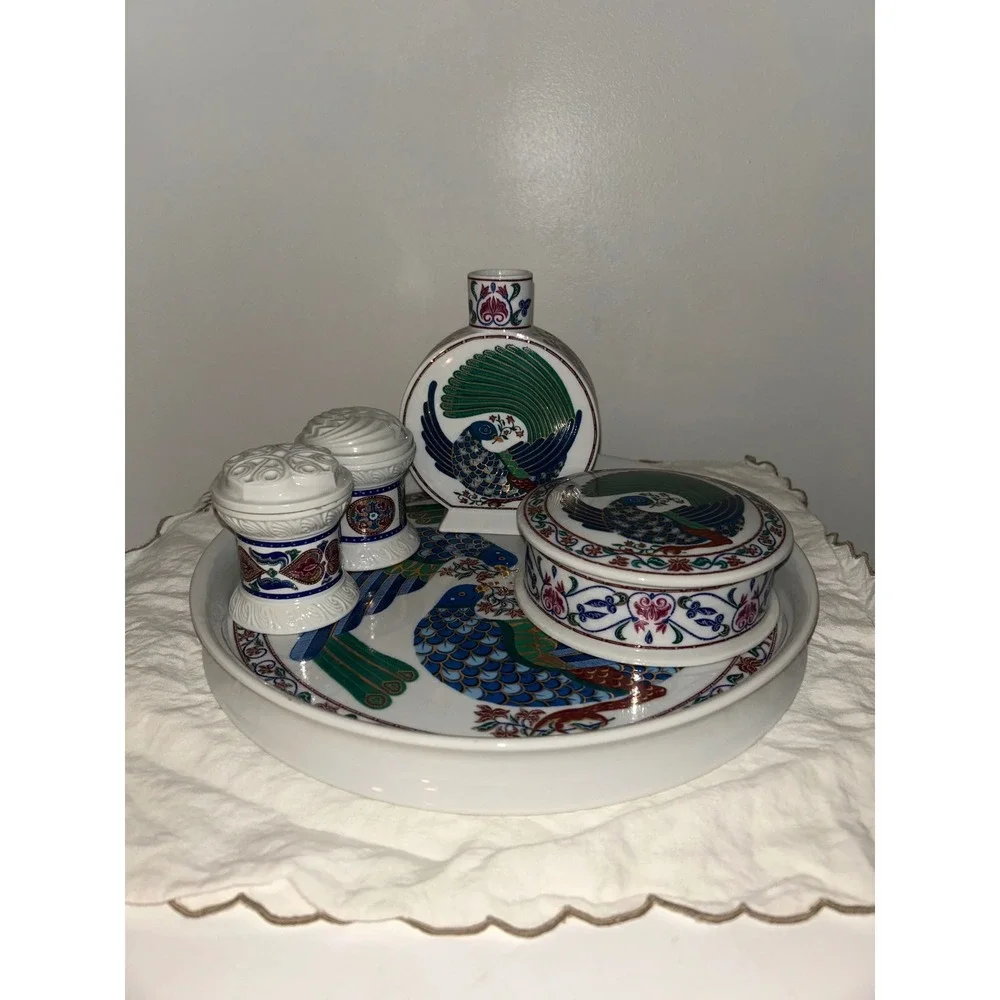 Vintage Byzantium Elizabeth Arden Peacock Vanity Set 5pc Tray Box Vase Japan